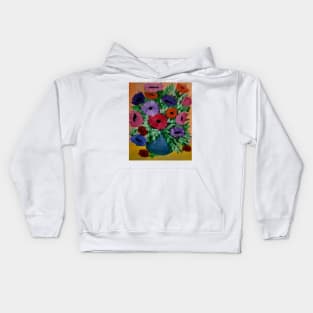 Some colorful poppies in a blue vase Kids Hoodie